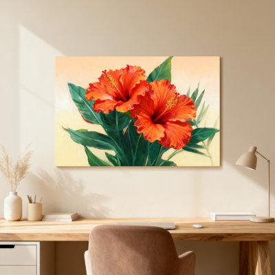 Plants &Flowers Vibrant Orange Hibiscus With Green Leaves