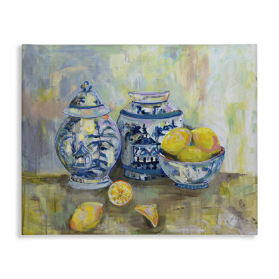 Citrons et poterie, peinture d'art classique sur toile par Jeanette Vertentes