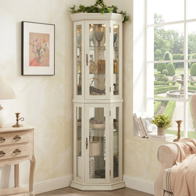 Lighted Corner Curio Cabinet - 69.5" Glass Display Cabinet with Tempered Glass Doors, 4 Adjustable Shelves, LED Lighting & Mirrored Backboard, White