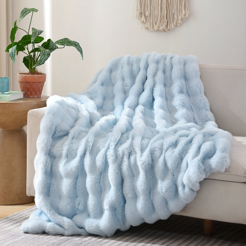 Jeté en fausse fourrure pour canapé-lit en lapin - couverture duveteuse bleu clair pour le salon de la chambre à coucher, douillet douillet moelleux, moelleux, luxueux, épais et épais, hiver, 60 po x 80 po