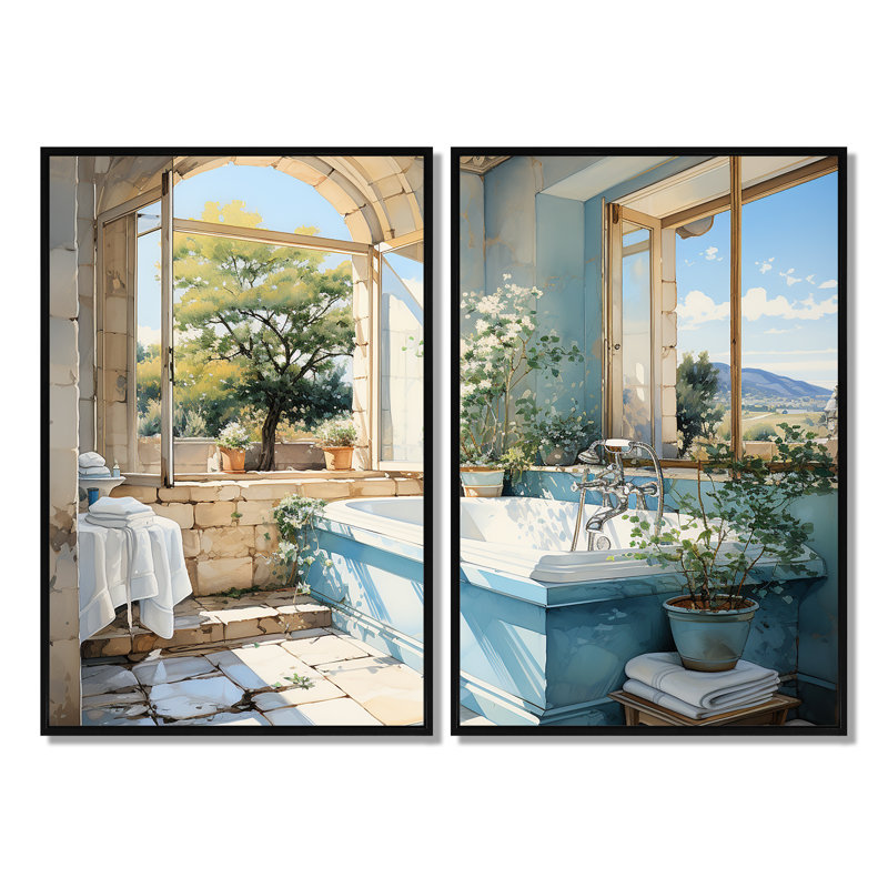 «Bathroom Bathroom Fresh» - art mural bleu, Black, 36" H x 48" W, Framed Print without Mat