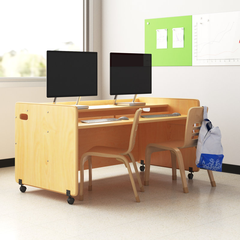 Natural Wood Double Computer Desk with Adjustable Keyboard Tray