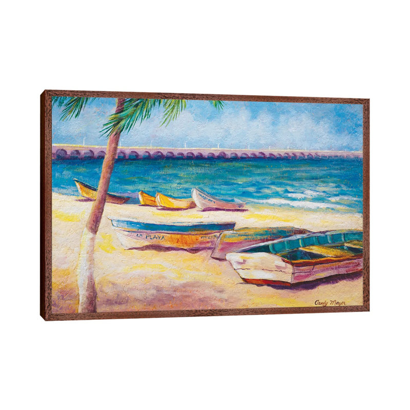 Mexican Beach by Candy Mayer - Painting on Canvas, 66.04cm H x 101.6cm W x 3.81cm D, Classic Brown Wood Framed