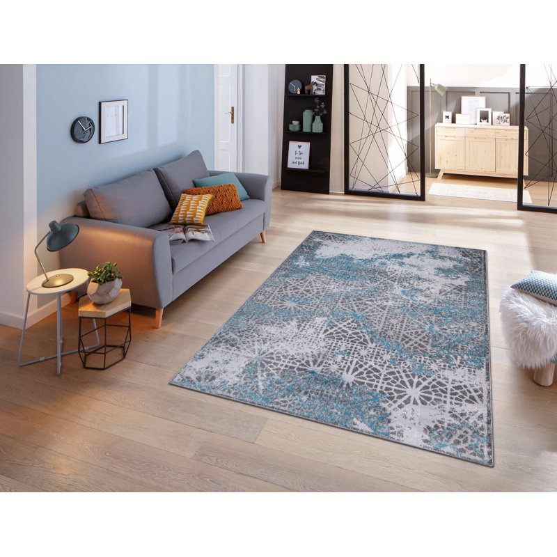 Tapis modernes abstraits gris / bleu, Rectangle 5 pi x 7 pi