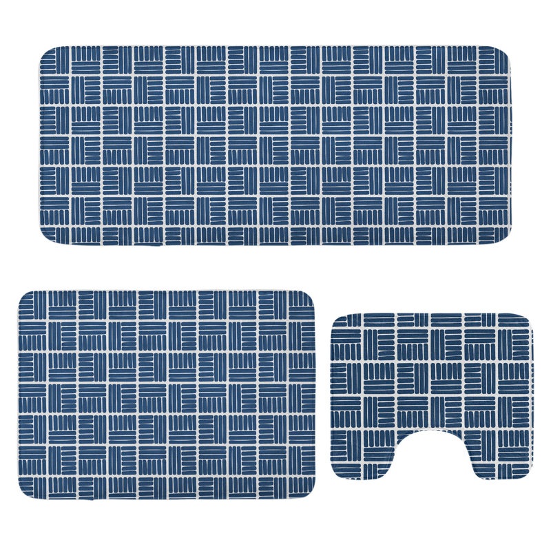 Ensemble de 3 tapis de salle de bain bleu marine et blanc