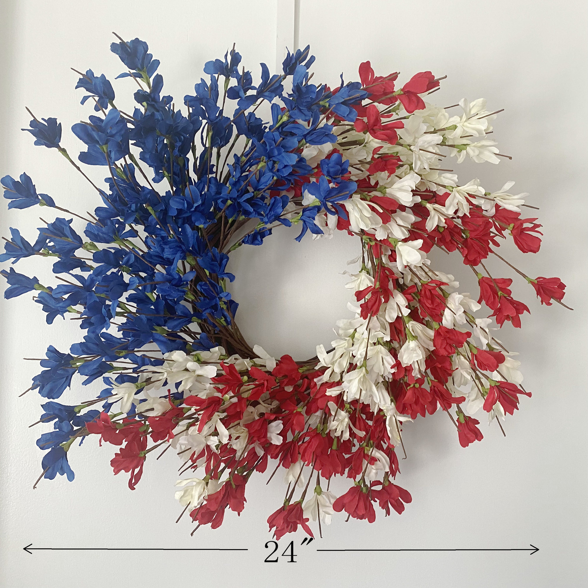 24" Handcrafted Faux Forsythia Silk Wreath for Front Door, Blue/White/Red