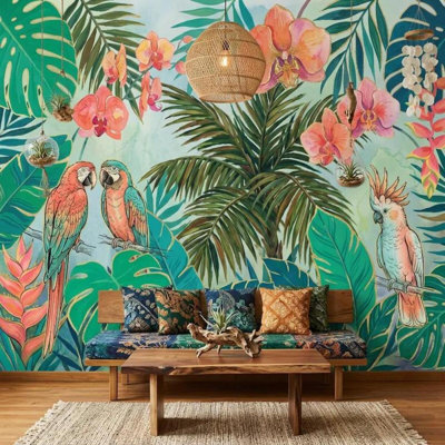 Tropical Floral Jungle Mural Wallpaper with Orchids, Palm Leaves and Exotic Parrots