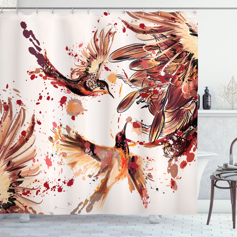 Hummingbird Shower Curtain Set + Hooks, 75"H x 69"W, Dark Peach