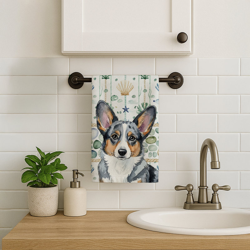 Blue Merle Cardigan Welsh Corgi Coastal Sea Glass Kitchen Towel, Blue Merle Cardigan Welsh Corgi