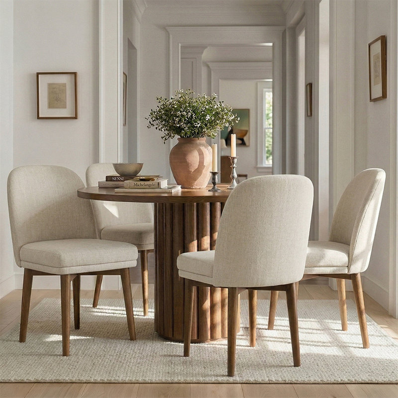Chaises de salle à manger rembourrées en lin avec pieds en bois massif, Beige