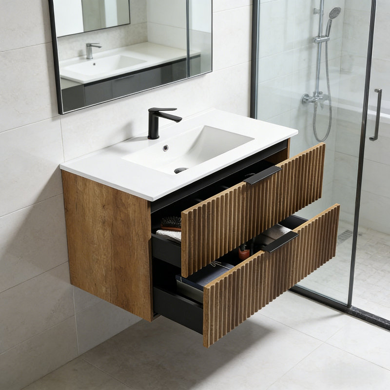 Meuble-lavabo mural 36 po avec base flottante 36 po, meuble-lavabo simple moderne à 2 tiroirs cannelés avec panneaux sculptés en 3D
