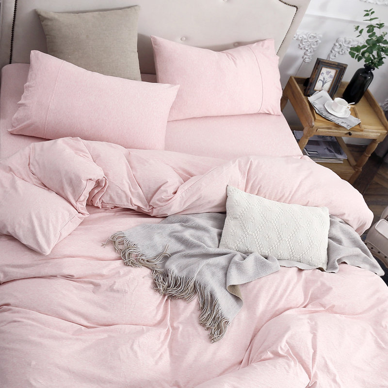 HOME BEDDING Jersey Cotton Duvet Cover Set, Queen Duvet Cover + 2 Standard Shams, Pink