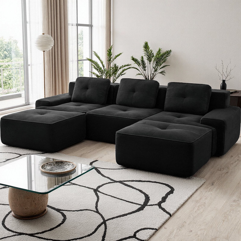 Canapé modulaire en forme de U sans os de 117 po avec repose-pieds, canapé en velours côtelé 3 places avec design capitonné, canapé nuage à assise profonde, aucun assemblage requis et base antidérapante