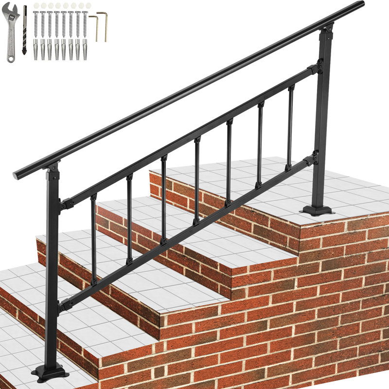 Rambarde d'escalier extérieure, compatible avec les escaliers de 1 à 5 marches, style transitionnel, en fer forgé, réglable, avec barrière, pour marches en béton, trousse d'installation incluse, noir mat