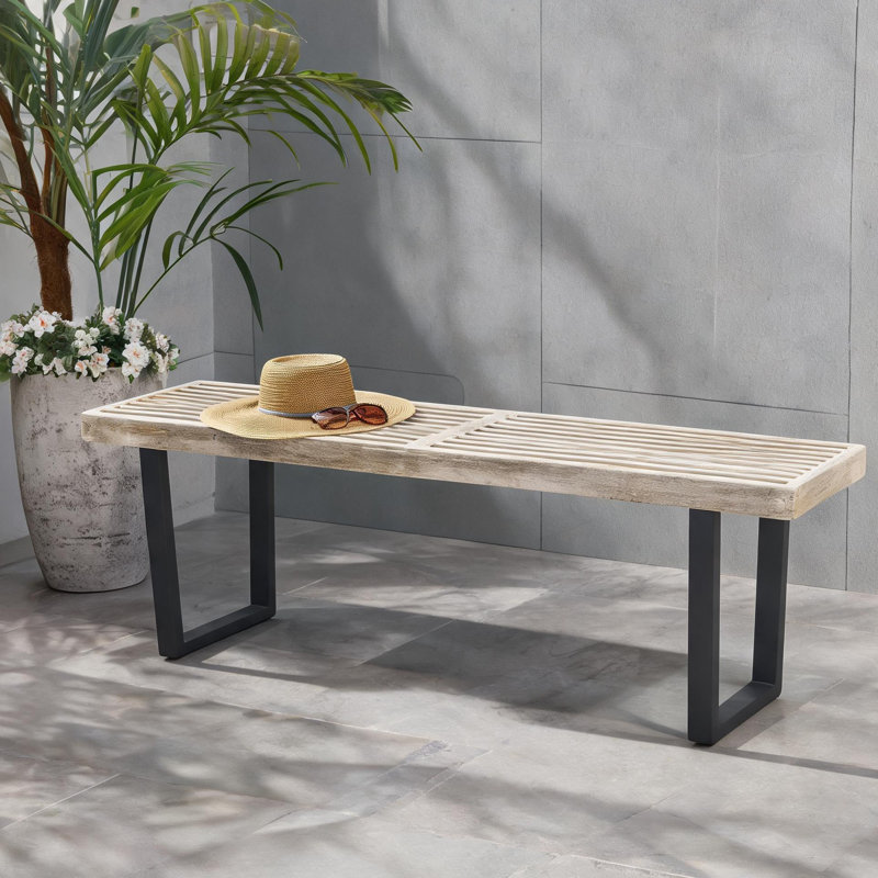 61.75 Inch 3-Seat Soft Gray and Black Acacia Wood Metal Outdoor Bench, Modern Rustic Patio Seating