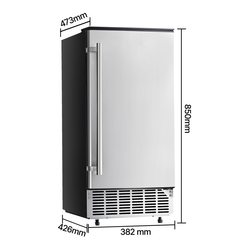 Machine à glaçons encastrée sous comptoir en acier inoxydable, production de 36 kg/jour, avec porte réversible et système de drainage électrique, pour cuisine domestique ou professionnelle.