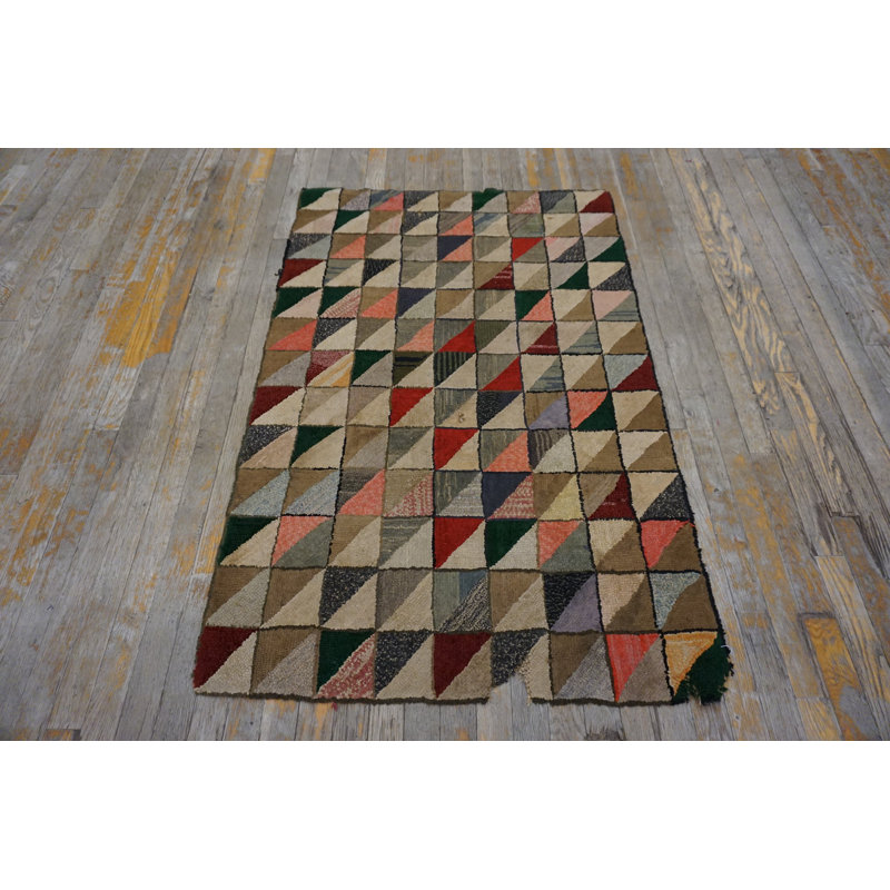 Small Size Geometric Folk Art Pattern Antique American Hooked Area Rug