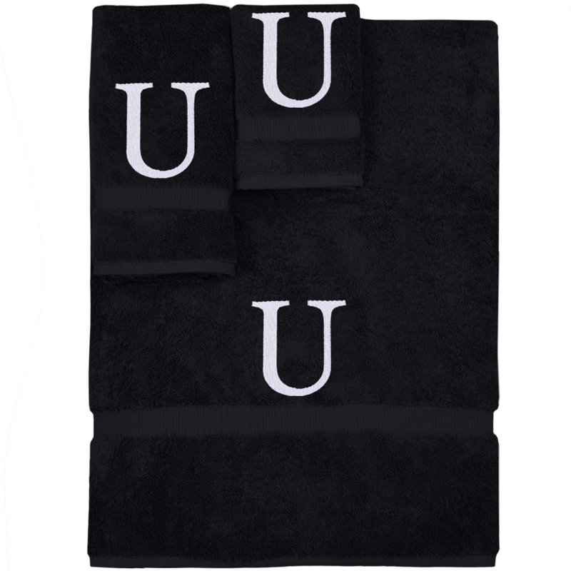 Ensemble de serviettes monogrammées - ensemble de 3 - lettre-bloc, Noir / blanc, U