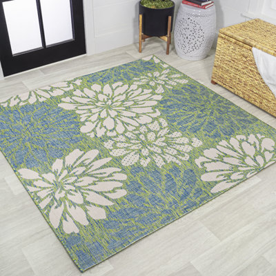 Zinnia Modern Floral Textured Weave Cream/Green Indoor/Outdoor Rug