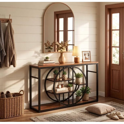 Takywep 55 Inch Industrial Entryway Table, 5-Tier Storage Cabinet with o-Shaped Frame, PB Board Frame Console Table, Rustic Narrow Open Shelf Cabinet for Foyer, Hallway, Living Room