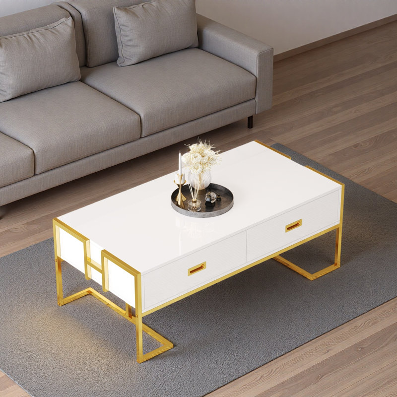 Table basse moderne moderne avec 4 tiroirs et base dorée, Blanc