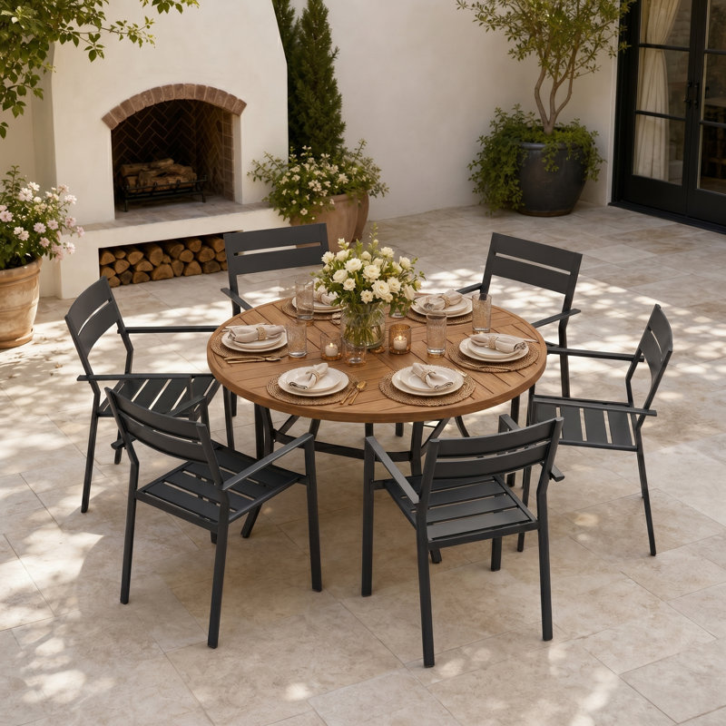 6-Person Round Patio Dining Set With Stackable Chairs, Brush Wood Brown/Black