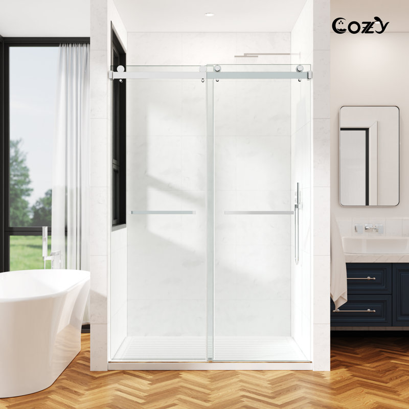 56-61" W X 76" H Frameless Double Sliding Shower Door with 3/8" (10mm) Clear Tempered Glass, Shatter-Resistant Film & Installation Hole Locator