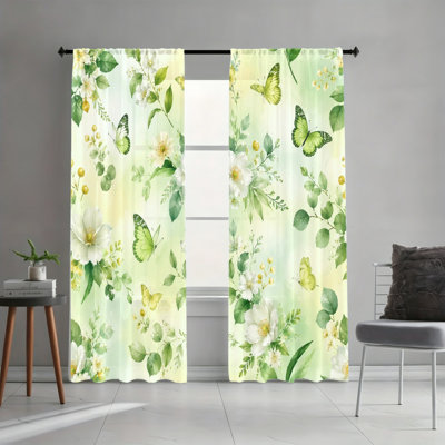 2PCS Watercolor Elegant Butterfly Floral Light Filtering Rod Pocket Curtains, Fresh Spring Summer Art Print Window Drapes, Easy Install Rod Pocket Design, All Season Decor for Living Room, Bedroom, Dorm, Soft Pastoral Floral Window Treatments