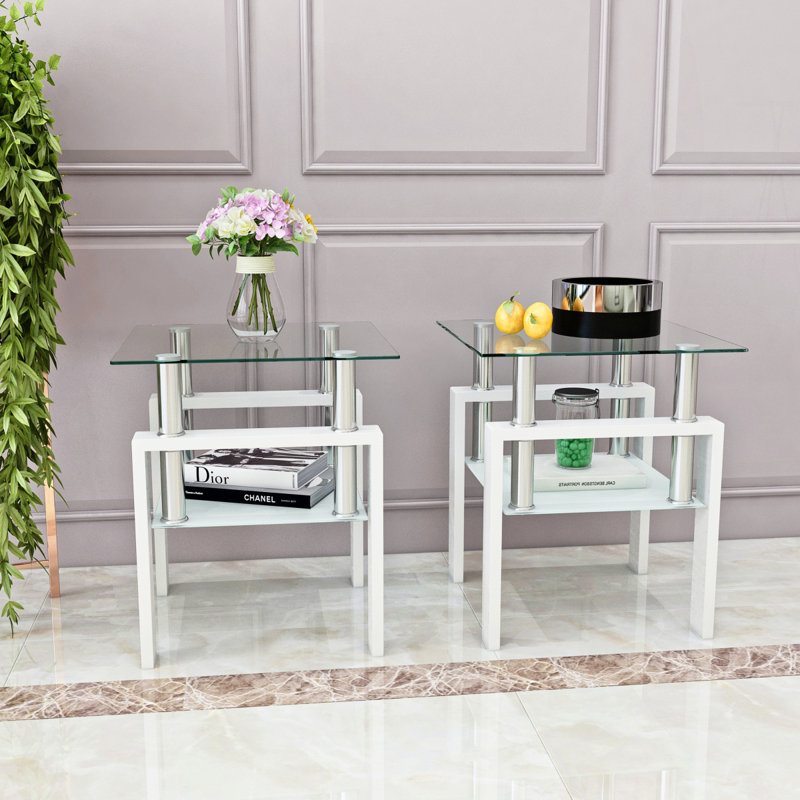 Ensemble de 2, table basse moderne en verre trempé, table de bout, table carrée pour le salon, transparent / blanc, Blanc, 2