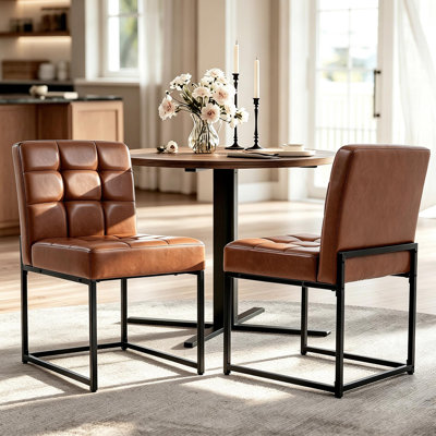Modern Upholstered Dining Chairs, Set of 2 - Faux PU Leather - Cushioned Seat - Sturdy Metal Frame - Mid-Century Style