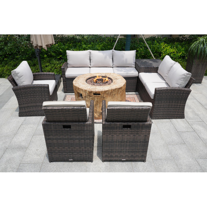 8 - Person Patio Conversation Set with Cushions, Beige, Brown