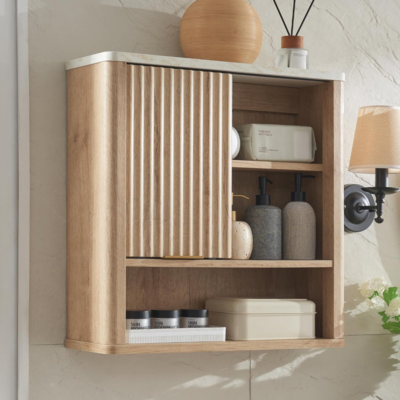Armoire de salle de bain murale Ansa, armoire de rangement murale avec porte de grange coulissante et 1 tablette réglable ouverte