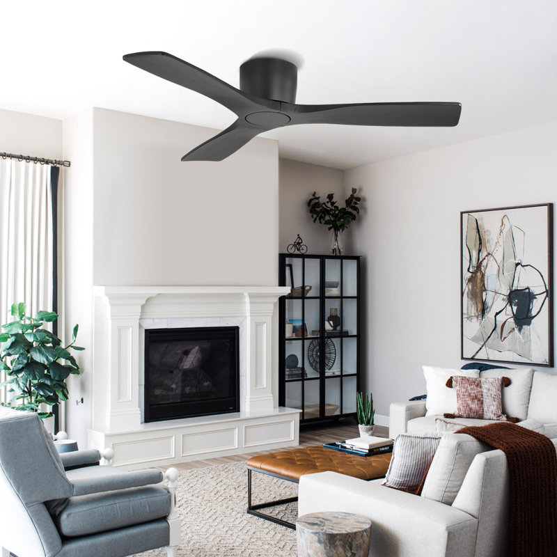 48 Inch 3 Carved Solid Wood Blades Flush Mount Ceiling Fan 6-Speed Noiseless Reversible DC Motor With Remote, Black, Black