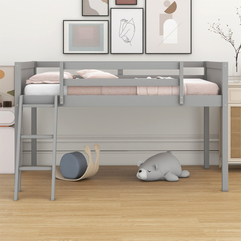 Lit mezzanine bas en bois avec échelle, l'échelle peut être placée à gauche ou à droite, Gris