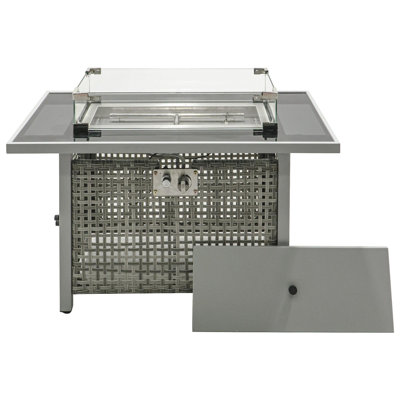 K&K 43" Propane Gas Fire Pit Table, 60000 BTU Rectangular Open Weave Wicker Fire Pit With Glass Wind Guard For Outside Patio Deck Garden Backyard - Grey