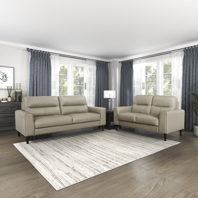 Upton Modern Contemporary Top Grain Leather 2-Piece Living Room Set with High-Density Foam Cushions, Solid Wood Legs & Attached Seating