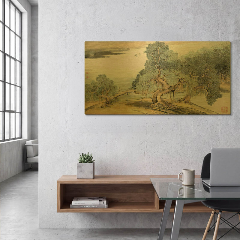 «A Stroll long the Riverbank» par River Han, art mural en métal doré, 48 po x 24 po, 48 po x 24 po