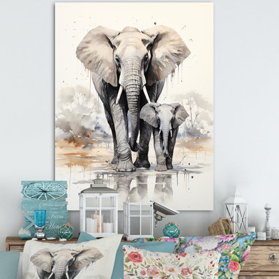 Éléphant élégant avec veau en mouvement sur toile