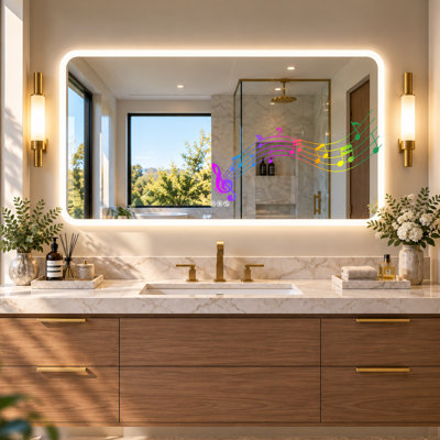 47" W x 28" H Large LED Bathroom Mirror with Dual Bluetooth Speakers, Anti-Fog and 3-Color Dimmable Lighting