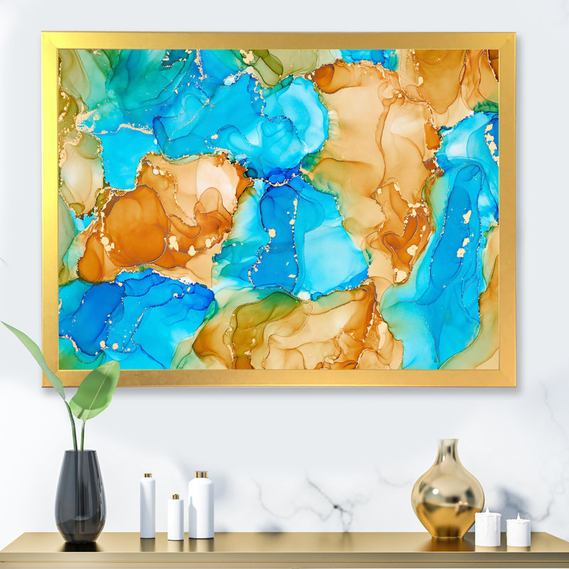 Turquoise et brun, luxe abstrait, fluide I - peinture sur toile, H 34 po x l 44 po x P 1,5 po, Cadre doré