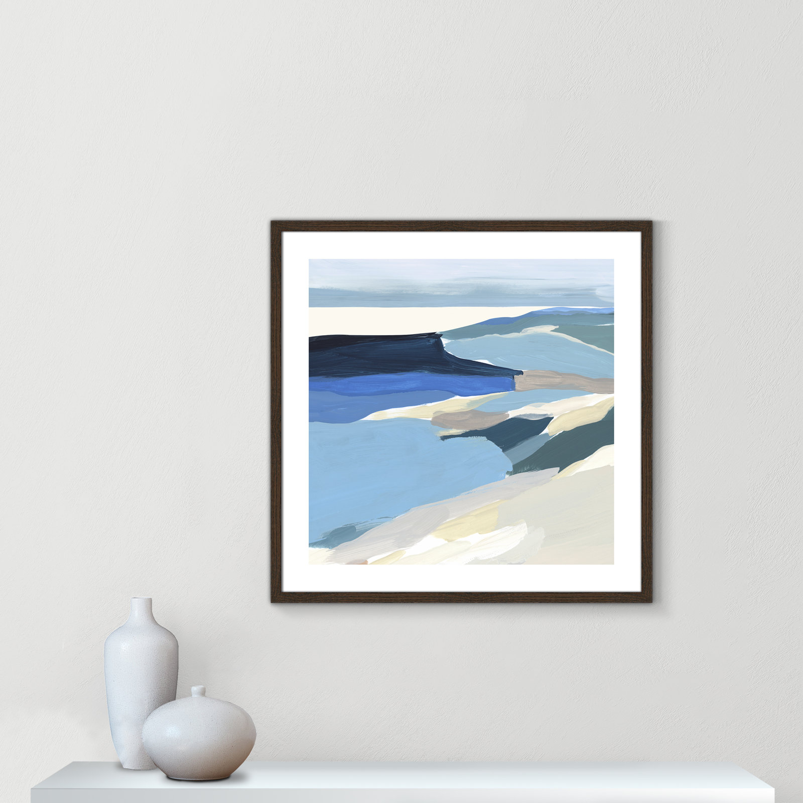 Decker "Graham Lake II" Painting, 28.75" H x 28.75" W x 0.75" D, Walnut Wood Framed Paper