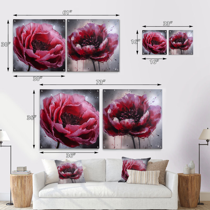 «Pink Delicate Poppy I», ensemble de 2 art mural en verre acrylique, H 16 po x l 33 po