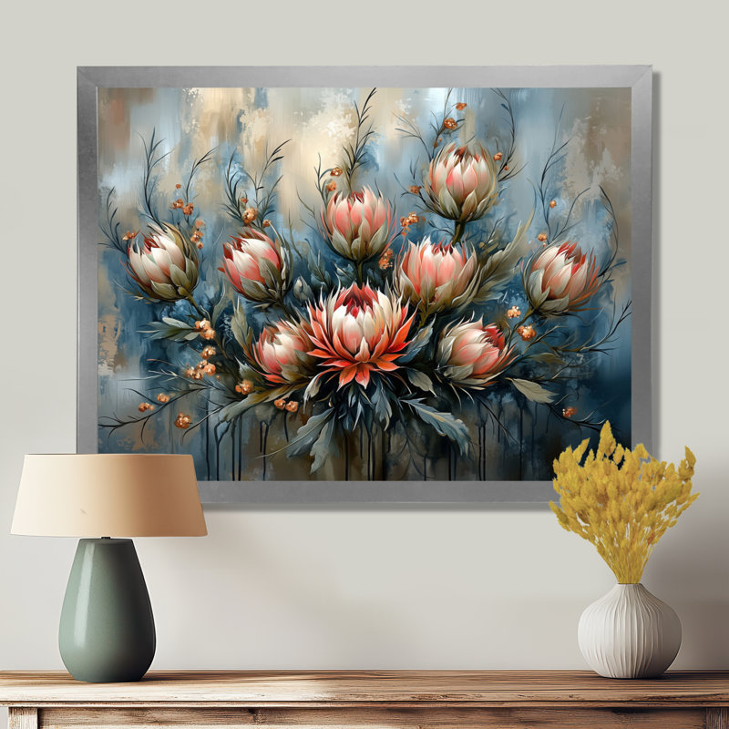 Gris gris, chardon d'hiver, harmonie II - chardon, décoration murale, Argent argent, H 30 po x l 40 po, Floater Framed