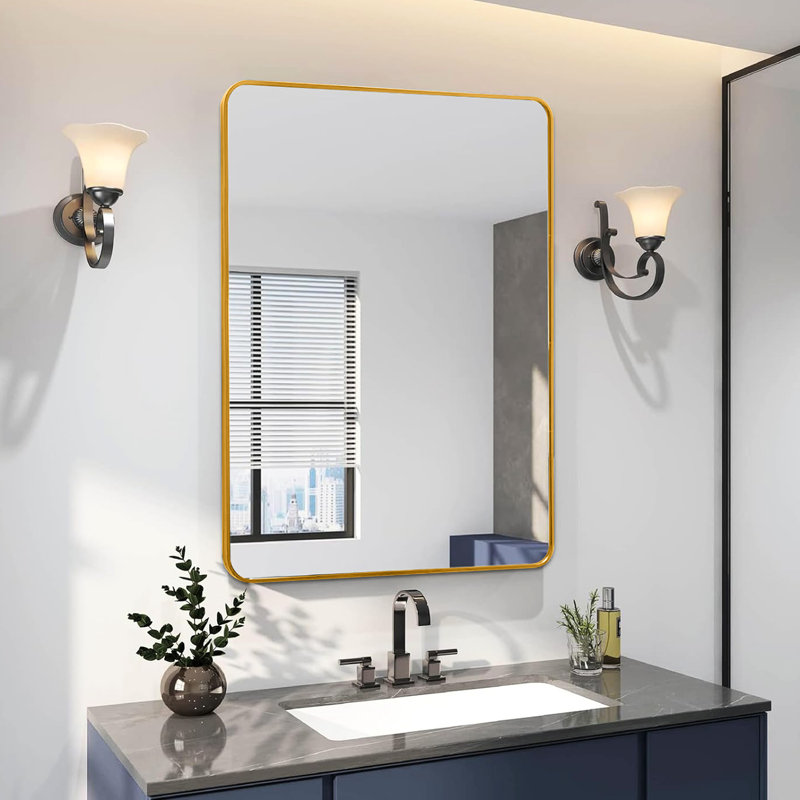 Miroir mural rectangulaire 24 po x 36 po pour attrait de salle de bain contemporain, miroir HD de 4 mm, cadre en aluminium rouillé, guide d'installation Vibe moderne, verre, aluminium, conception incassable, facile à