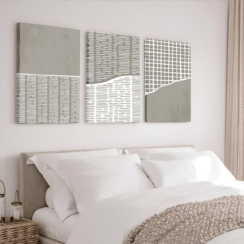 Béton et grille, ensemble d'art abstrait sur toile tendue sur toile pour 3 personnes, salon moderne, chambre à coucher ou bureau