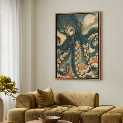 Art mural encadré sur toile - Pieuvre rétro scène de l'océan avec la lune et les vagues - 16 po x 24 po, 24 po x 36 po