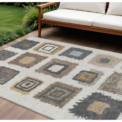 8' X 10' Ivory Charcoal And Gold Geometric Washable Indoor Outdoor Area Rug