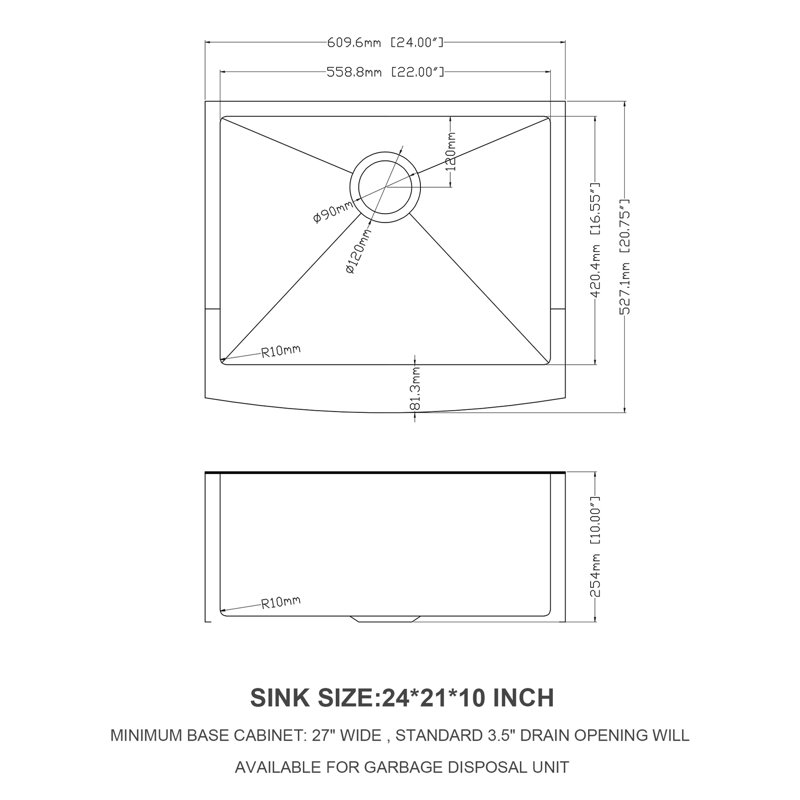 Évier de cuisine en acier inoxydable de calibre 16 T304 de 24 x 21 x 10 po avec tablier frontal, guide d'eau en forme de X pour une bonne fonction de drainage, coin R10, prévention de la condensation de revêtement, coussin de 3 m, livré