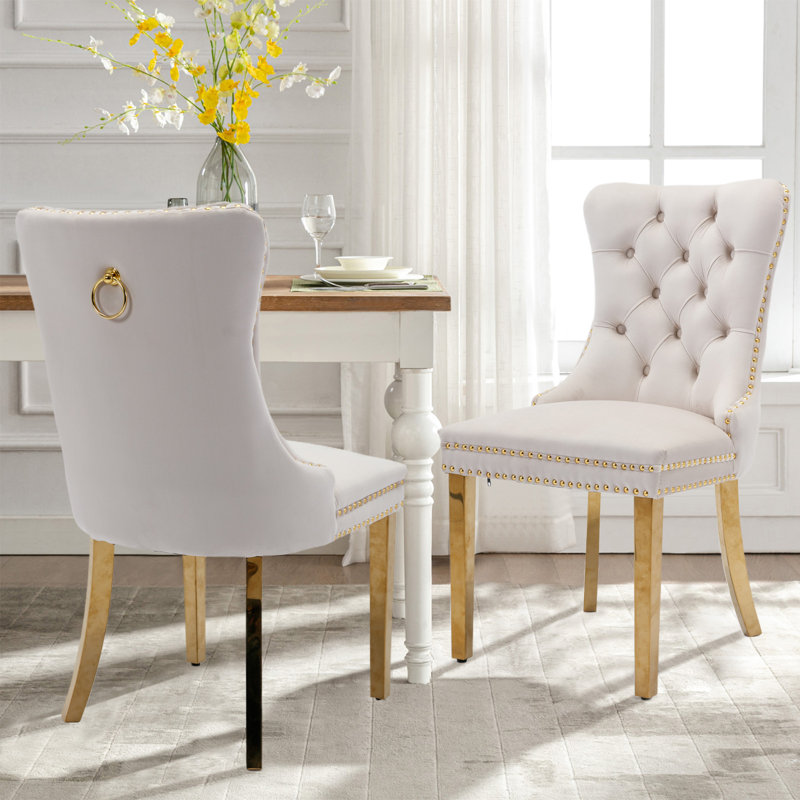 High-end Tufted Velvet Upholstered Nailhead Dining Chair, White/Pink, Golden
