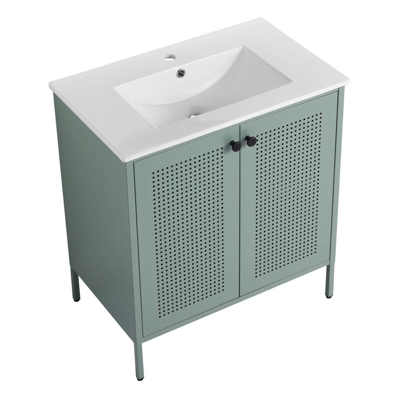 Meuble-lavabo autoportant avec lavabo en céramique, Vert